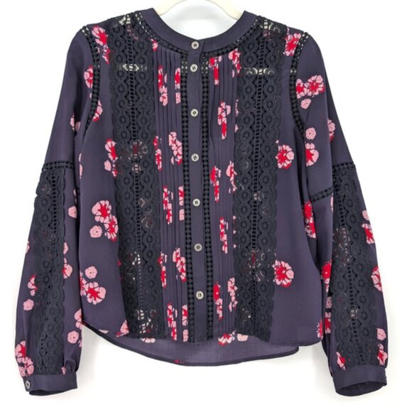 Sea New York Navy Silk Floral Lace Panel Button Up Coquette Blouse Size 2 - Picture 2 of 9
